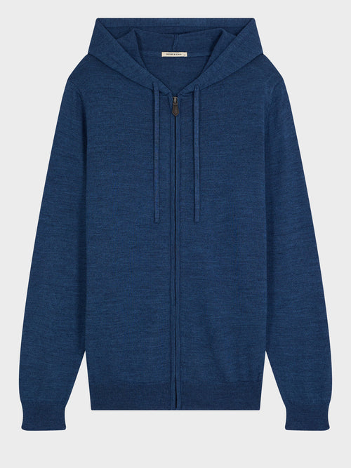 Gilet à capuche zippé en laine Mérinos mélangée bleu jeans - Father & Sons   - 1 