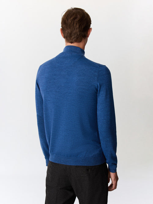 Pull col zippé en laine Mérinos mélangée bleu jeans - Father & Sons   - 3 