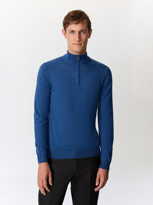 Pull col zippé en laine Mérinos mélangée bleu jeans - Father & Sons   - 2 