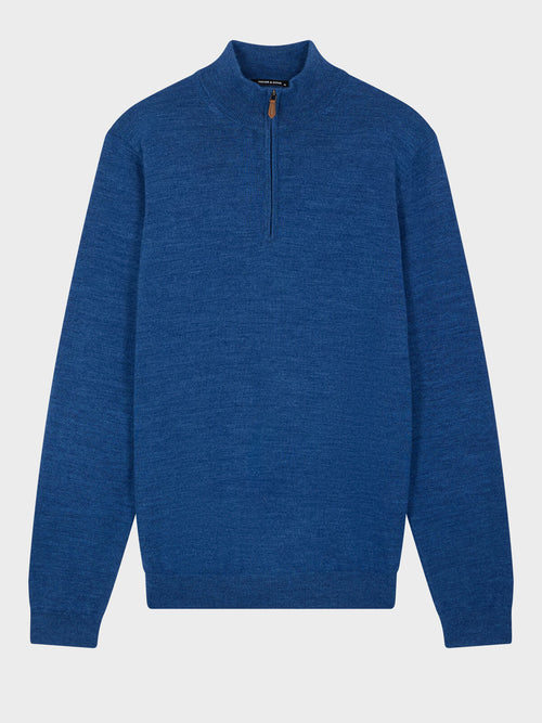 Pull col zippé en laine Mérinos mélangée bleu jeans - Father & Sons   - 4 