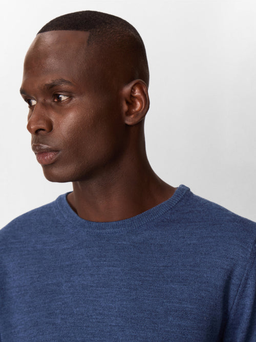 Pull col rond en laine Mérinos mélangée bleu jeans - Father & Sons   - 4 