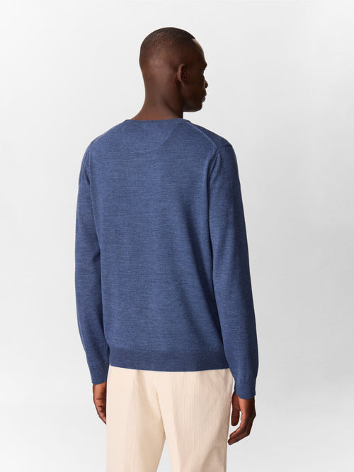 Pull col rond en laine Mérinos mélangée bleu jeans - 2 - Father & Sons   - 12 