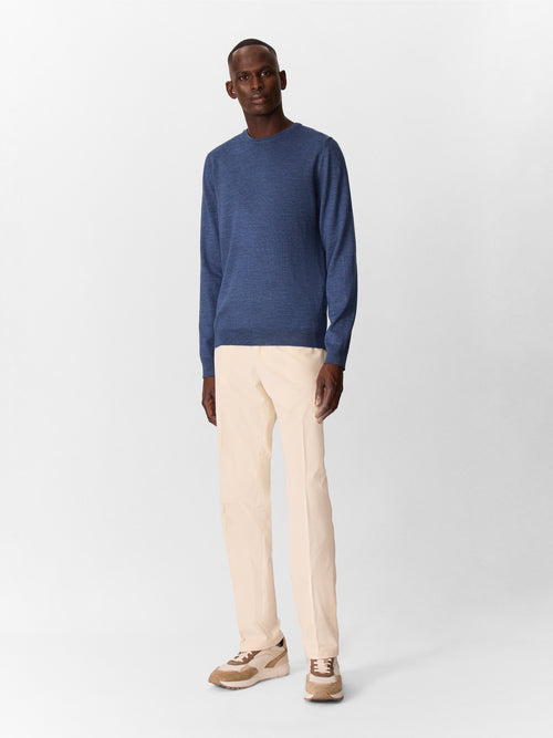 Pull col rond en laine Mérinos mélangée bleu jeans - Father & Sons   - 5 