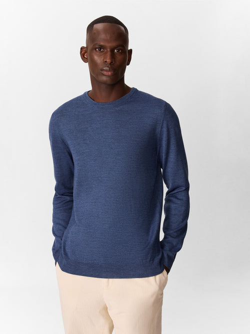 Pull col rond en laine Mérinos mélangée bleu jeans - 1 - Father & Sons   - 12 