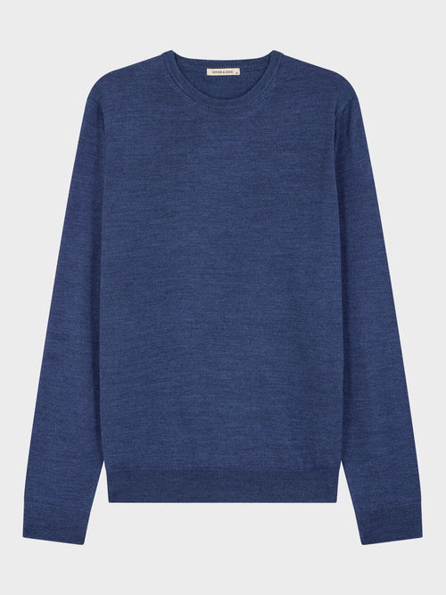 Pull col rond en laine Mérinos mélangée bleu jeans - Father & Sons   - 1 