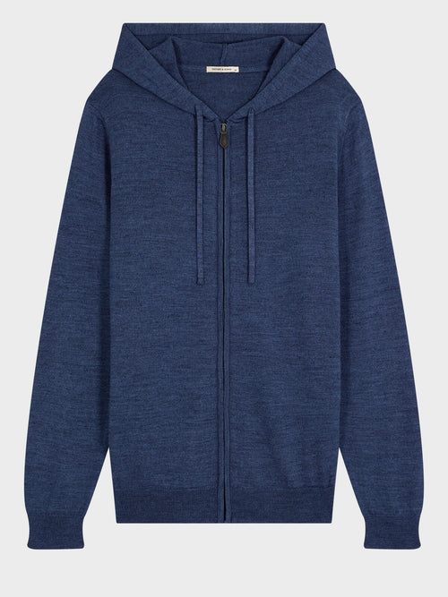 Gilet à capuche zippé en laine Mérinos mélangée bleu jeans - Father & Sons   - 6 