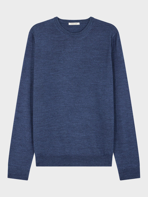 Pull col rond en laine Mérinos mélangée bleu jeans - Father & Sons   - 6 