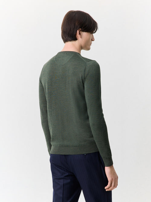 Pull col rond en laine Mérinos mélangée kaki - 2 - Father & Sons   - 18 