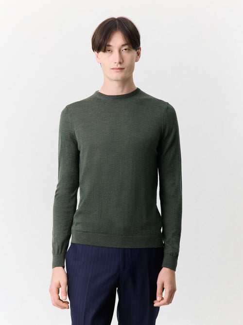 Pull col rond en laine Mérinos mélangée kaki - 1 - Father & Sons   - 18 