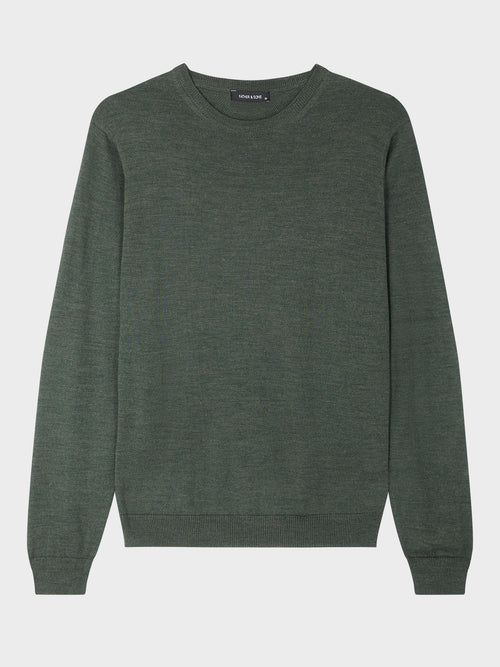 Pull col rond en laine Mérinos mélangée kaki - 1 - Father & Sons   - 11 