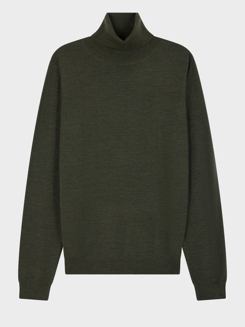 Pull col roulé en laine Mérinos mélangée kaki foncé - Father & Sons   - 1 