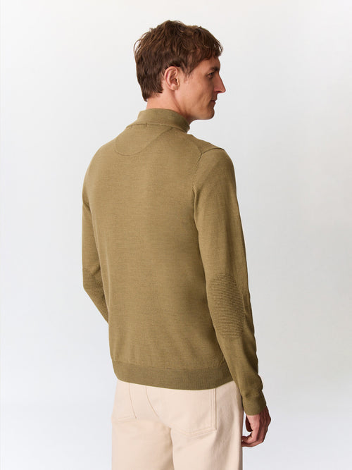 Pull col zippé en laine Mérinos mélangée kaki - 2 - Father & Sons   - 3 