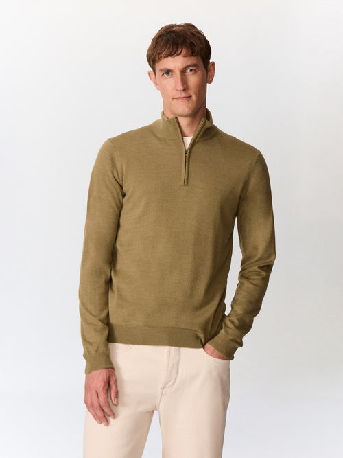 Pull col zippé en laine Mérinos mélangée kaki - 1 - Father & Sons   - 3 