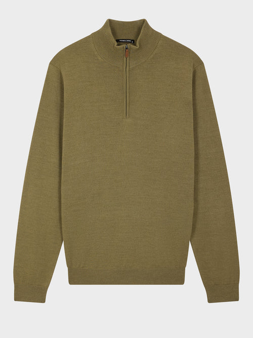 Pull col zippé en laine Mérinos mélangée kaki - Father & Sons   - 1 