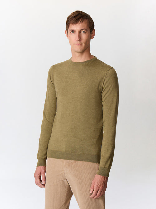 Pull col rond en laine Mérinos mélangée kaki - Father & Sons   - 2 