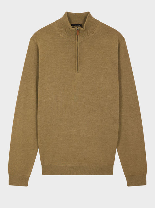 Pull col zippé en laine Mérinos mélangée kaki - Father & Sons   - 4 