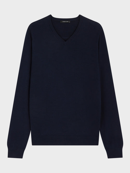 Pull col V en laine Mérinos mélangée bleu marine - 1 - Father & Sons   - 1 