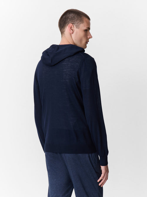 Gilet à capuche zippé en laine Mérinos mélangée bleu marine - 2 - Father & Sons   - 5 