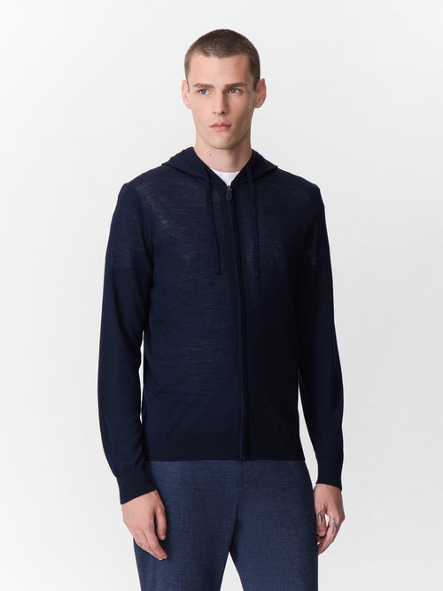 Gilet à capuche zippé en laine Mérinos mélangée bleu marine - 1 - Father & Sons   - 5 