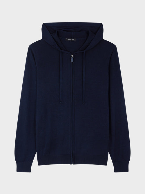 Gilet à capuche zippé en laine Mérinos mélangée bleu marine - Father & Sons   - 4 