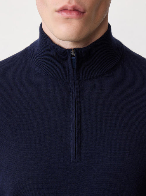 Pull col zippé en laine Mérinos mélangée bleu marine - Father & Sons   - 3 
