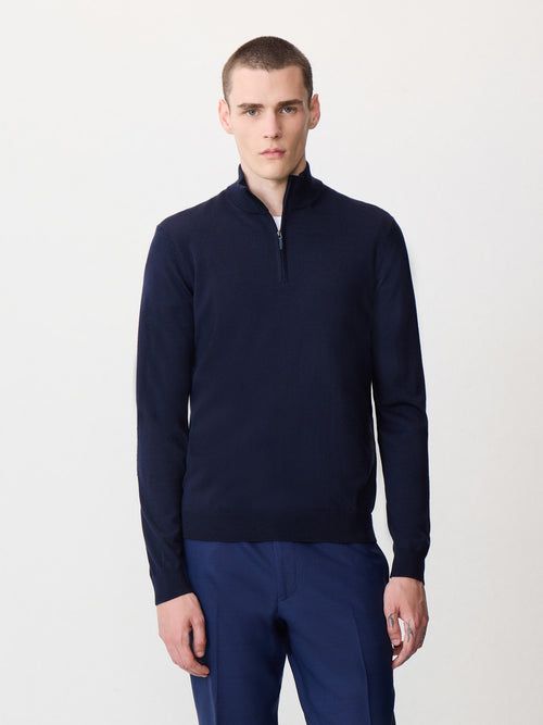 Pull col zippé en laine Mérinos mélangée bleu marine - 1 - Father & Sons   - 4 