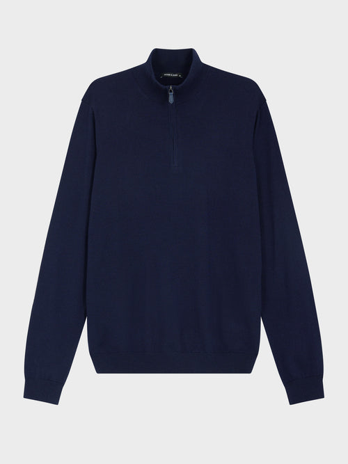 Pull col zippé en laine Mérinos mélangée bleu marine - Father & Sons   - 4 