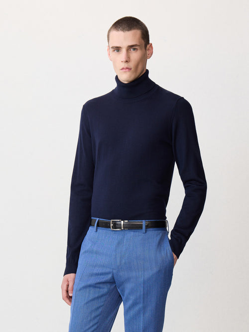 Pull col roulé en laine Mérinos mélangée bleu marine - 1 - Father & Sons   - 5 