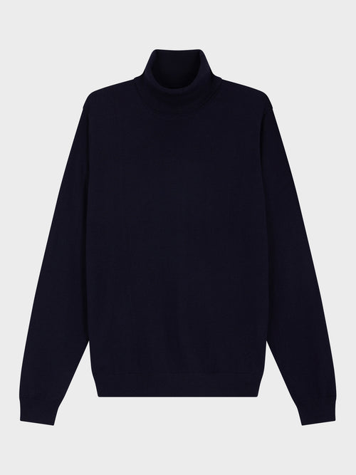 Pull col roulé en laine Mérinos mélangée bleu marine - Father & Sons   - 4 