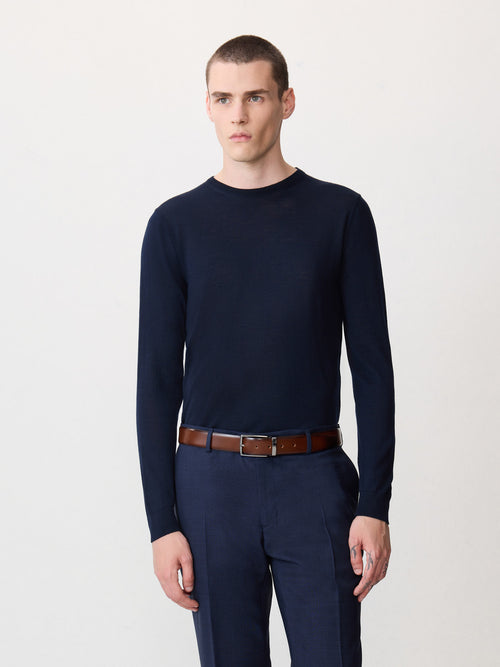 Pull col rond en laine Mérinos mélangée bleu marine - 1 - Father & Sons   - 13 