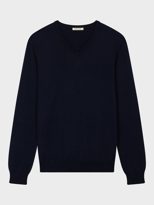 Pull col V en laine Mérinos mélangée bleu marine - Father & Sons   - 4 