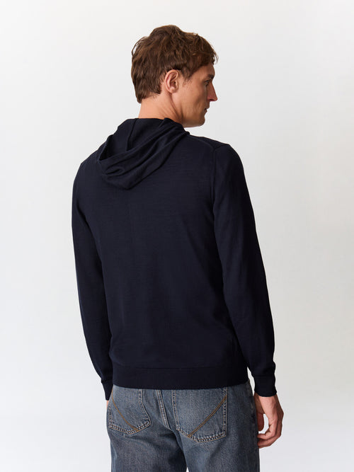 Gilet à capuche zippé en laine Mérinos mélangée bleu marine - Father & Sons   - 2 