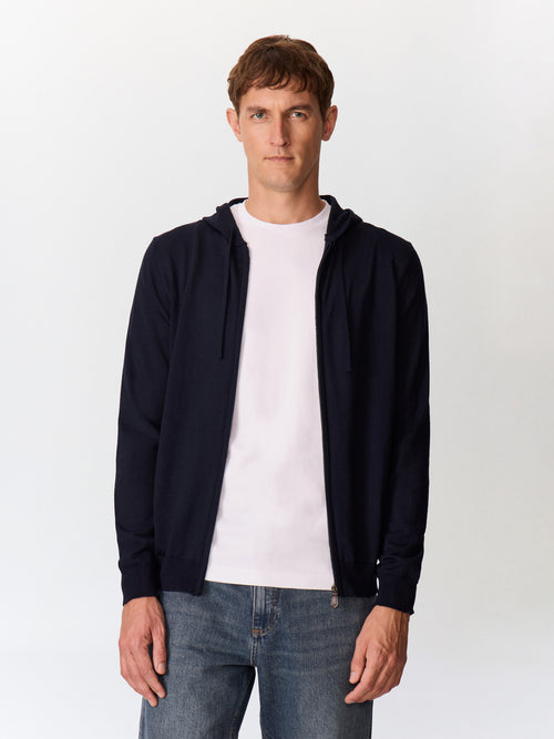 Gilet à capuche zippé en laine Mérinos mélangée bleu marine - Father & Sons   - 1 