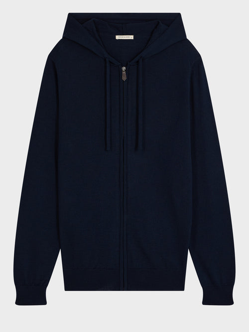 Gilet à capuche zippé en laine Mérinos mélangée bleu marine - Father & Sons   - 1 