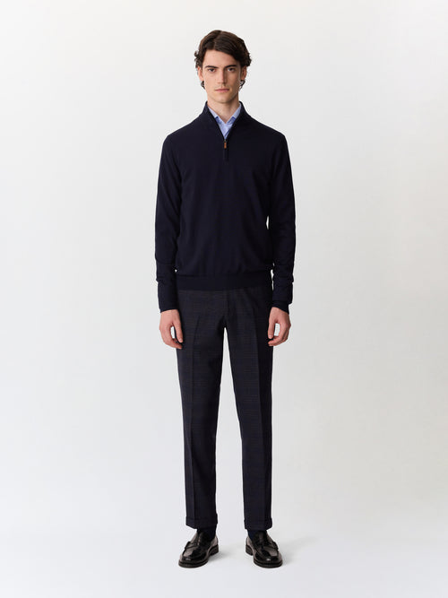 Pull col zippé en laine Mérinos mélangée bleu marine - Father & Sons   - 5 
