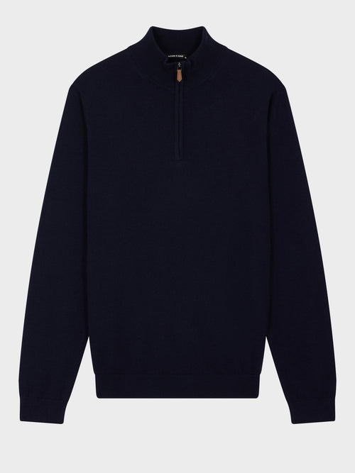 Pull col zippé en laine Mérinos mélangée bleu marine - Father & Sons   - 6 