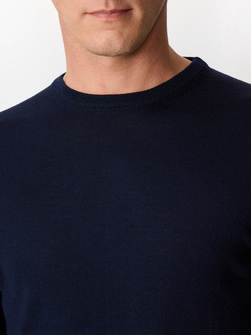 Pull col rond en laine Mérinos mélangée bleu marine - Father & Sons   - 3 