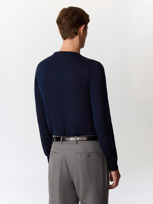 Pull col rond en laine Mérinos mélangée bleu marine - Father & Sons   - 2 