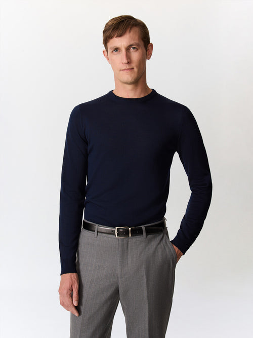 Pull col rond en laine Mérinos mélangée bleu marine - Father & Sons   - 1 