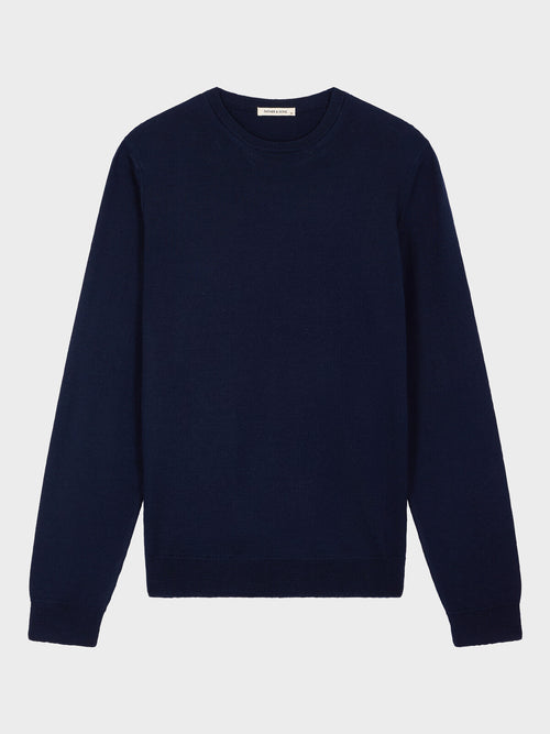 Pull col rond en laine Mérinos mélangée bleu marine - Father & Sons   - 4 