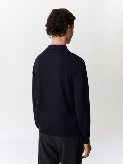 Pull col polo en laine Mérinos mélangée bleu marine - 2 - Father & Sons   - 18 