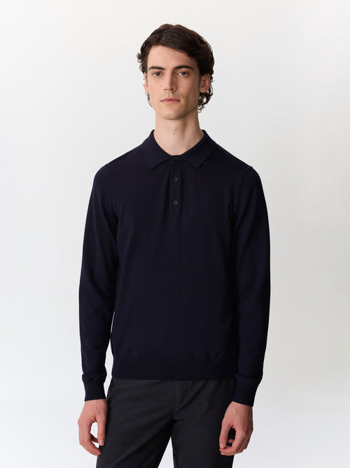 Pull col polo en laine Mérinos mélangée bleu marine - 1 - Father & Sons   - 18 