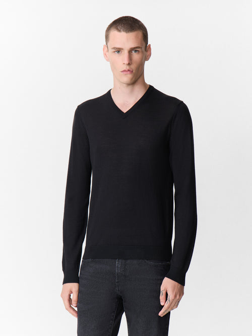 Pull col V en laine Mérinos mélangée noire - 1 - Father & Sons   - 3 
