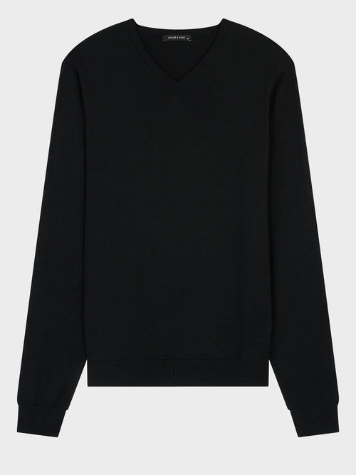 Pull col V en laine Mérinos mélangée noire - Father & Sons   - 4 
