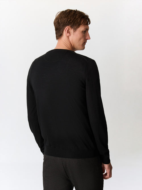 Pull col V en laine Mérinos mélangée noire - Father & Sons   - 2 