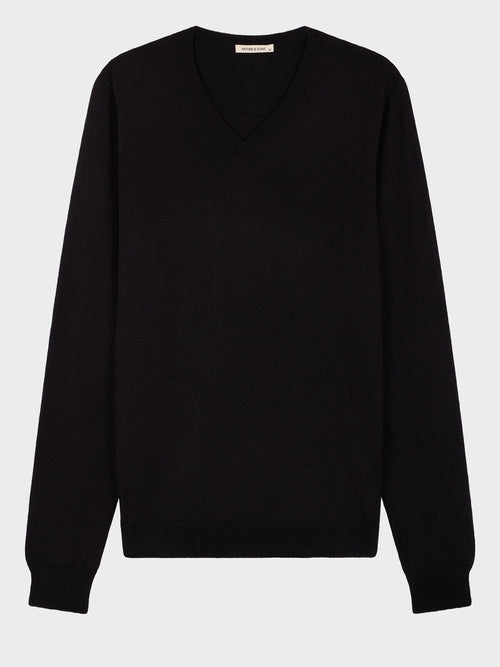 Pull col V en laine Mérinos mélangée noire - Father & Sons   - 4 