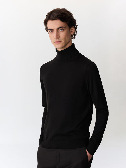 Pull col roulé en laine Mérinos mélangée noir - 1 - Father & Sons   - 12 