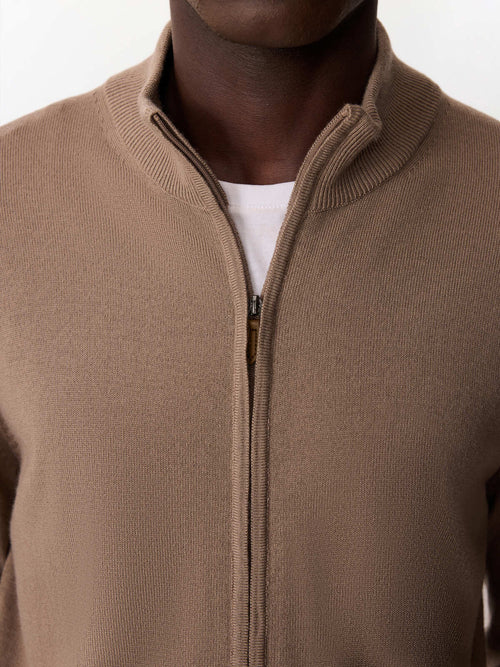 Gilet zippé en laine Mérinos mélangée marron - Father & Sons   - 4 
