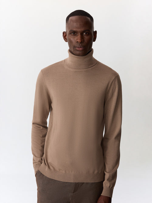 Pull col roulé en laine Mérinos mélangée marron - 1 - Father & Sons   - 1 