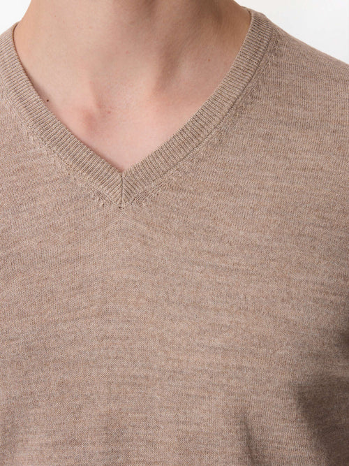Pull col V en laine Mérinos mélangée marron clair - Father & Sons   - 4 